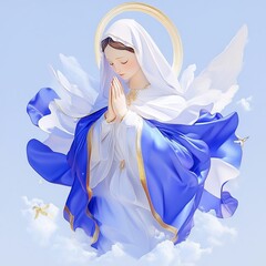 a serene image of Our Lady (Nossa Senhora) in a flowing blue and white robe, hands together in prayer, surrounded by soft light and clouds, peaceful heavenly atmosphere, divine presence