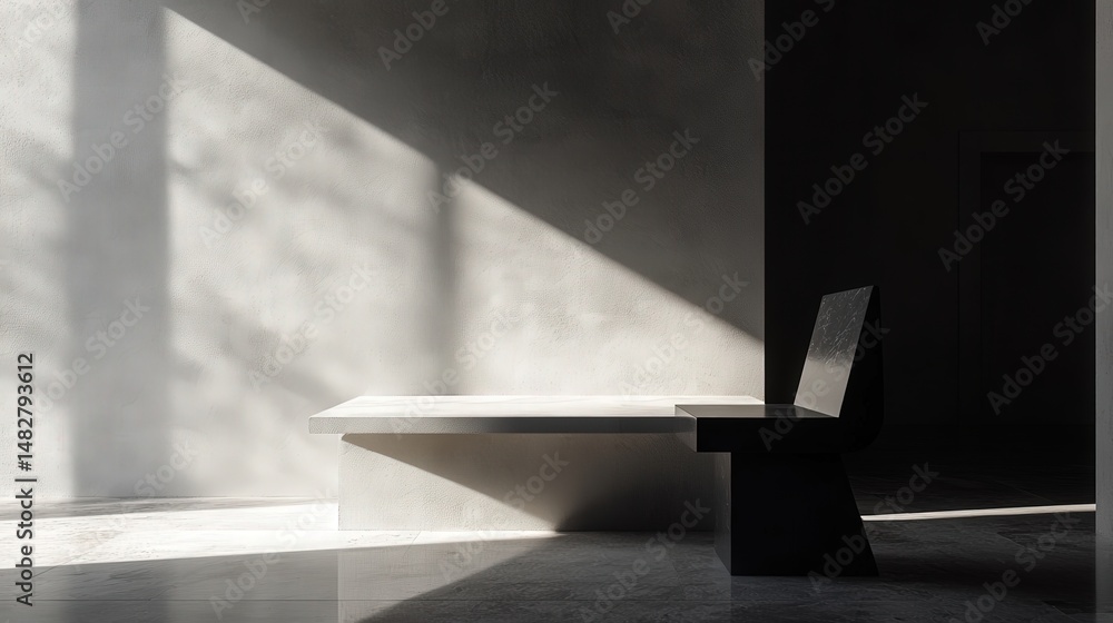 Aufkleber minimalist scene with bold overlay shadows, where light and shadow create a captivating composition, emphasizing clean lines and smooth surfaces -