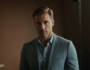Stylish young man in a tailored suit, exuding confidence and sophistication against a warm backdrop.
