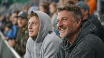 Two dads cheering on their child at a soccer game