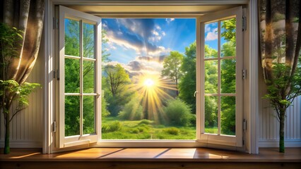 Open Window View of Sunset Landscape
