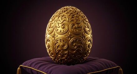 Ornate Gold Egg on Purple Cushion