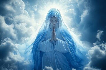 a serene image of Our Lady (Nossa Senhora) in a flowing blue and white robe, hands together in prayer, surrounded by soft light and clouds, peaceful heavenly atmosphere, divine presence