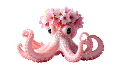 Naklejka premium Octopus with Floral Crown: A charming, pink octopus with large eyes adorned with a delicate floral crown, a whimsical and artistic creation