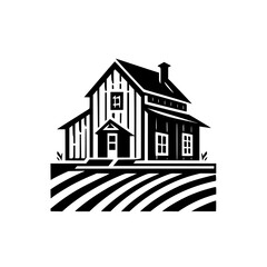 Black and White Farmhouse Silhouette: Logo Style Illustration