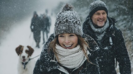 Family walking their dog in the snow, bundled up and smiling