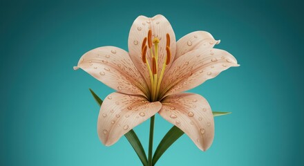 Peach Lily Flower with Water Droplets on Blue Background