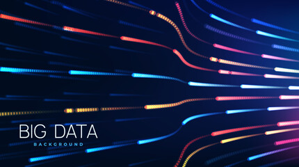 Big Data Flow Particles. Background with streams of information rushing through cyberspace. Futuristic Business banner with modern technologies. Realistic neon vector illustration