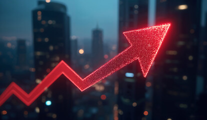 Fototapeta premium The red arrow rises in the city background
