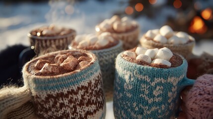 Family clinking mugs of hot chocolate together during winter