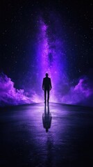 Fototapeta premium Figure silhouetted against purple nebula sky, reflective ground