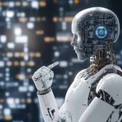 Advanced robot, pointing, futuristic cityscape background