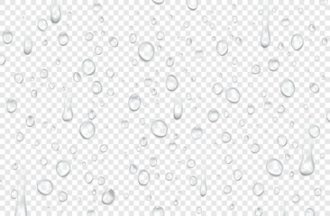 Water drops banner. Backdrop with flowing raindrops and pure droplets of liquid. Condensation bubbles flowing down window glass. Realistic 3D vector illustration