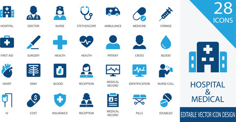A clean and professional set of hospital and medical vector icons including doctor, nurse, ambulance, stethoscope, pills, patient, and more. Perfect for use in healthcare apps, medical websites