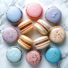 Obraz premium flat lay of colorful macarons in pastel shades, arranged in circular pattern on white marble, modern style, soft natural light, pastel pink and blue palette, top-down view with negative space 