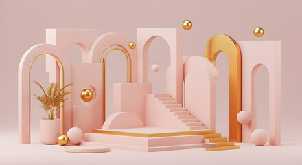 Abstract Geometric Composition In Soft Pastel Pink Featuring Arches Staircases And Gold Accents