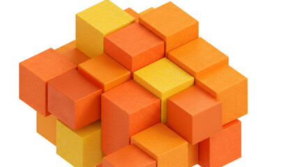 Abstract Geometric Composition Of Orange And Yellow Cubes With Textured Surface Isolated On White