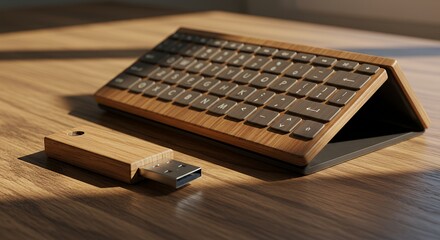 Wooden Wireless Keyboard and USB Drive on Desk: Minimalist Tech Setup with Natural Design Aesthetics