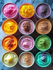 flat lay of colorful smoothie bowls in circular pattern, white marble surface, modern style, bright natural light, pastel pink and green palette, top-down view with negative space in center