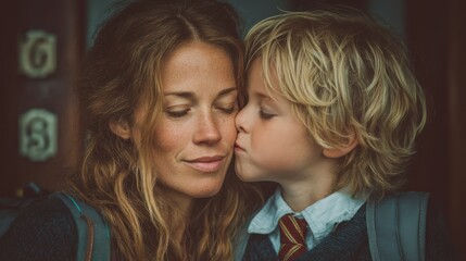 Mom giving son a loving kiss on forehead before school
