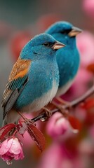 Obraz premium Two vibrant blue birds perched on a branch with pink blossoms. Delicate detail of plumage and flowers
