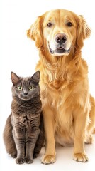 Obraz premium photo of a funny golden retriever and a cat sitting and looking at the camera, continuous on a white background