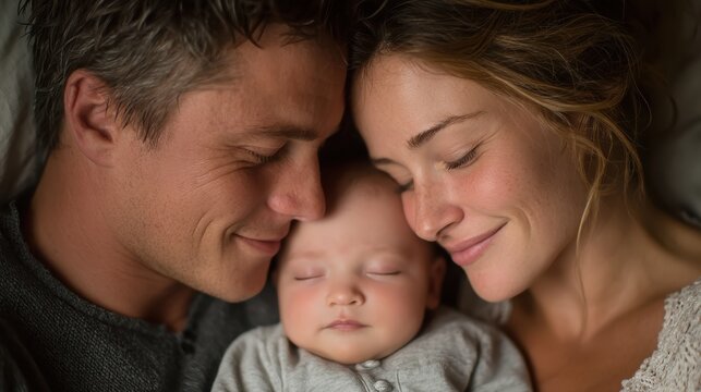 New parents admiring their sleeping baby together