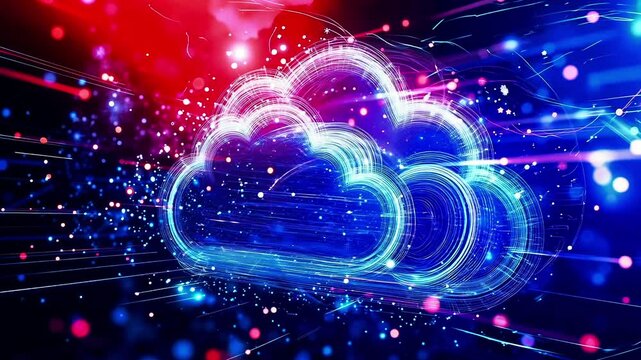 A cloud computing concept with a red and blue background