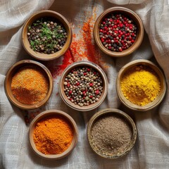 flat lay of colorful spices in ceramic bowls, textured linen surface, modern style, bright natural light, vivid orange and red tones, top-down view with negative space in upper half, 
