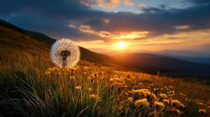 Blowing in the wind on grassy hill with dreamy sky concept. A beautiful sunset over a field of dandelions and wildflowers.
