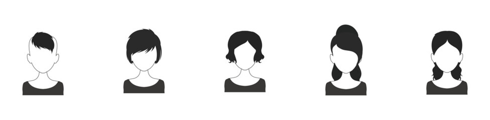 Black hair vector icon set. Men and Women Hairstyle Icon. Female faces sign symbol. Women side face with hair care icon