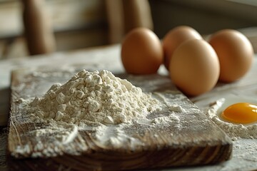 flat lay of rustic baking ingredients like flour and eggs, textured wooden surface, minimalist style, warm natural light, neutral beige and white tones, top-down view with negative space
