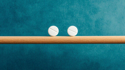 Two white pills on a wooden surface against a teal background, symbolizing health.