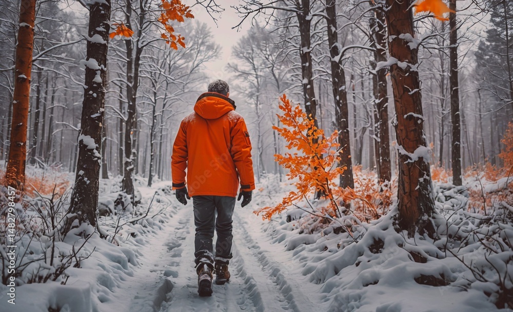 Poster man wearing an orange jacket walks through a snowy forest. the man is wearing a black hat and gloves