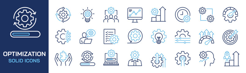 Set of collection line icons related optimization, efficiency, improvement, performance. Editable stroke. Perfect pixel on transparent background