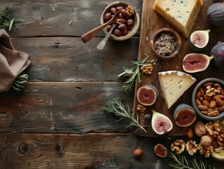flat lay of rustic charcuterie board with cheeses, figs, and nuts, wooden table, minimalist style, soft natural light, earthy brown and purple tones, top-down view with negative space in upper half