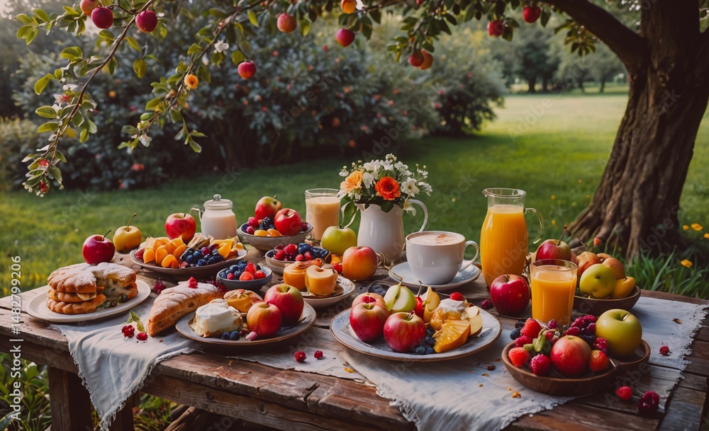 Poster table full of fruit and drinks with a white cloth on it. scene is relaxed and inviting
