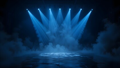 Empty Dark Stage Illuminated by Purple and Blue Spotlights with Dramatic Fog in a Futuristic Theater Setting