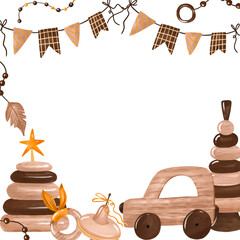 Square Greeting card Wooden toys for kids watercolor illustration. Cartoon invitation template for toddlers with wood pyramid, car, flags. 1st baby year, baby shower