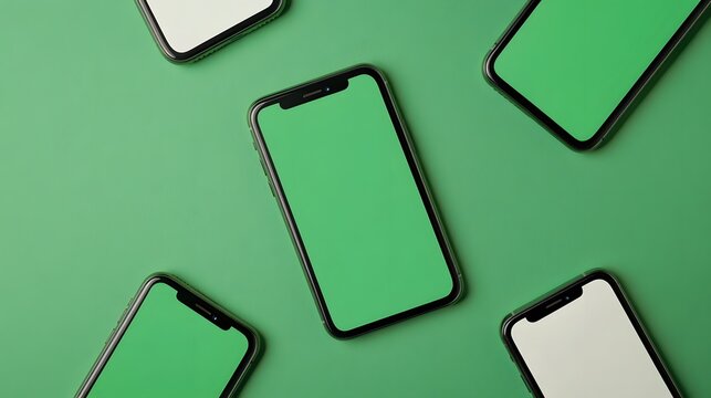 Overhead view of multiple phones with green screen displays.