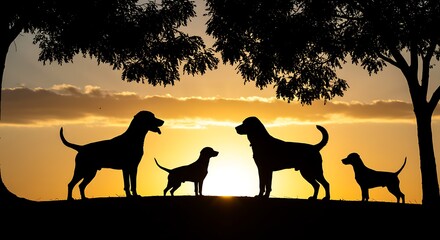 Golden Sunset: Canine Family Silhouette