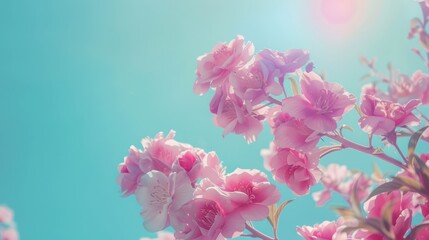 Delicate pink blossoms against a vibrant turquoise sky.