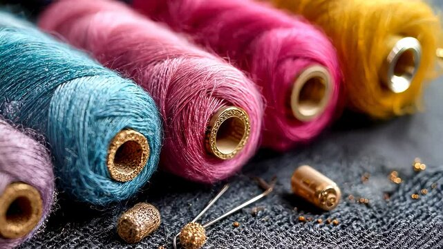 Close-up of vibrant spools of cotton thread in various colors with metal sewing needles resting on textured fabric