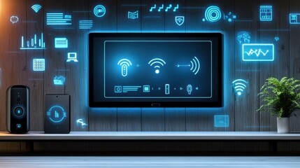 Obraz premium Remote digital desk with virtual assistant interface and smart speaker on shelf