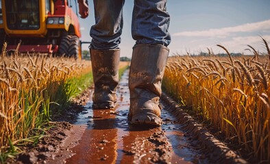 Man is walking through a field with a tractor behind him. The field is covered in mud and the man's boots are covered in it