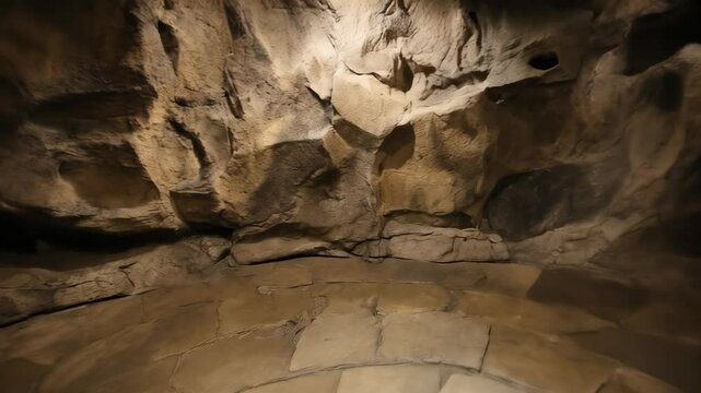 A mysterious cave with a circular flagstone floor under diffused light, a natural cavern environment offering depth and intrigue for backgrounds.