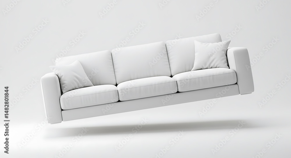 Poster white sofa with pillows floating in a minimal studio