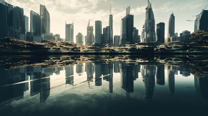 Obraz premium Futuristic city skyline reflected in a calm body of water. Lush greenery borders the water's edge, creating a serene yet futuristic urban landscape