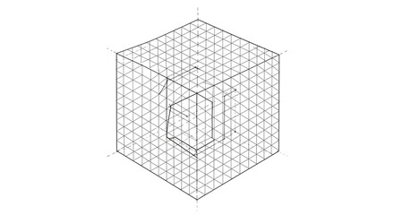 Abstract Three Dimensional Cube Structure Composed Of Dotted Lines And Vertical Lines On White Background
