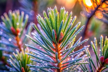 Enchanted Pine Needles Glistening with Morning Dew A Close-Up Nature Photography